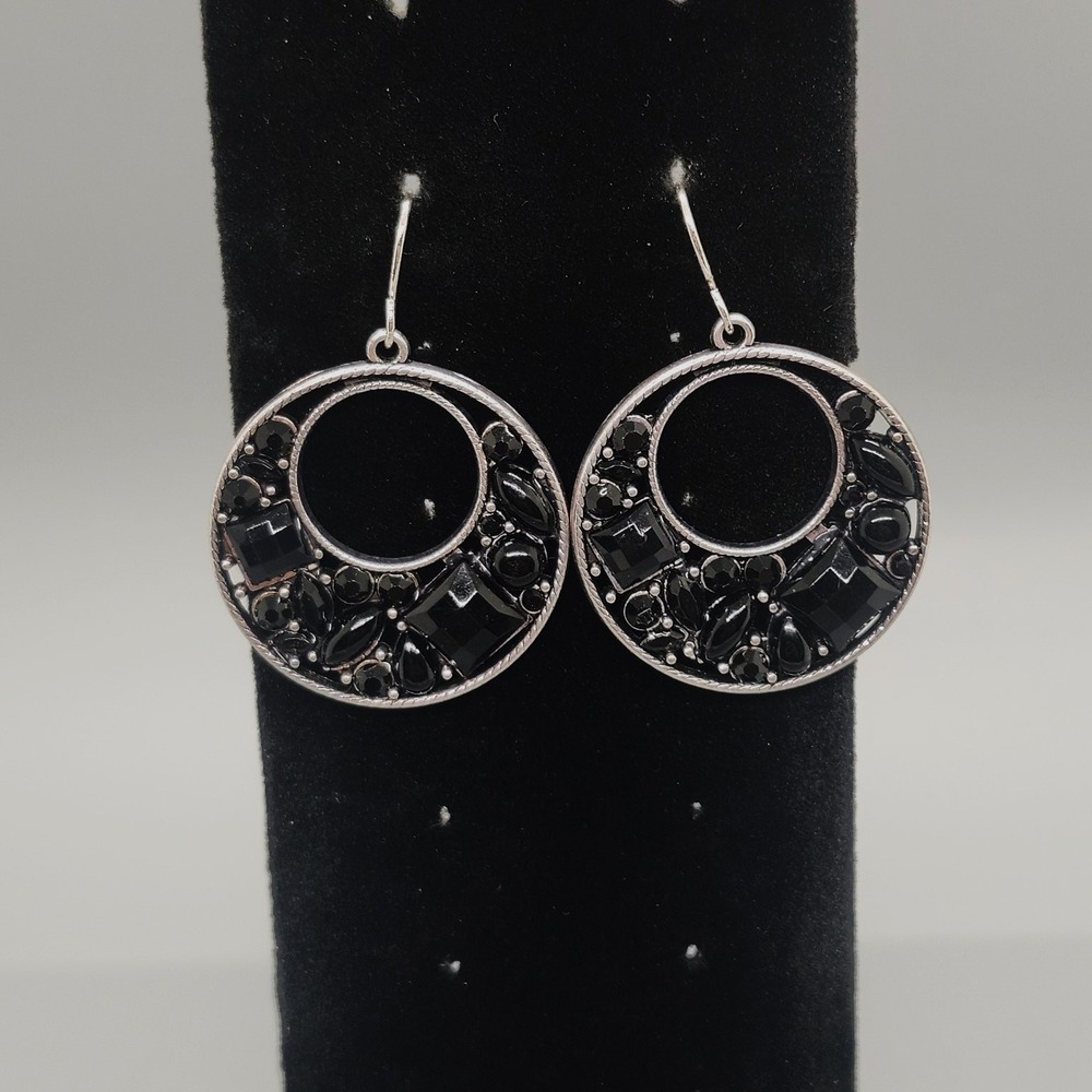 Silver Tone Black Rhinestone Open Circle Dangle Statement Earrings 1.6"